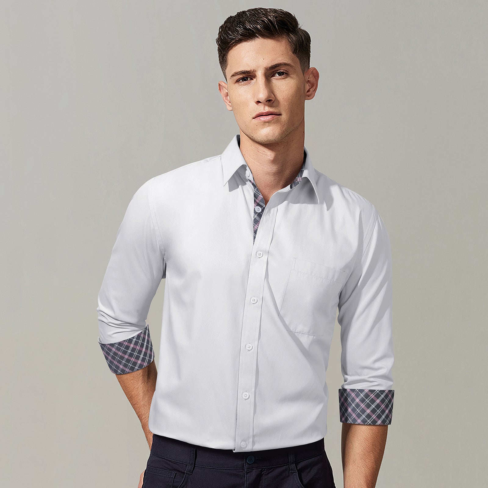 Casual Formal Shirt with Pocket - WHITE/PINK