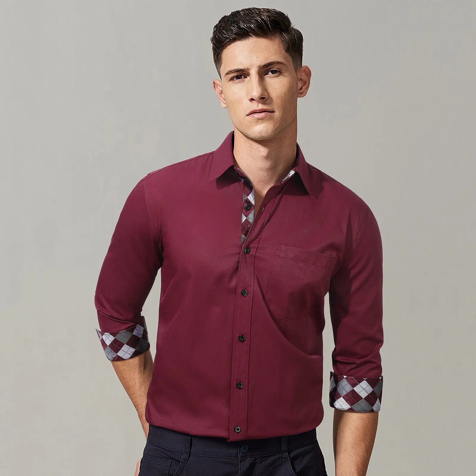 Casual Formal Shirt With Pocket Burgundy White